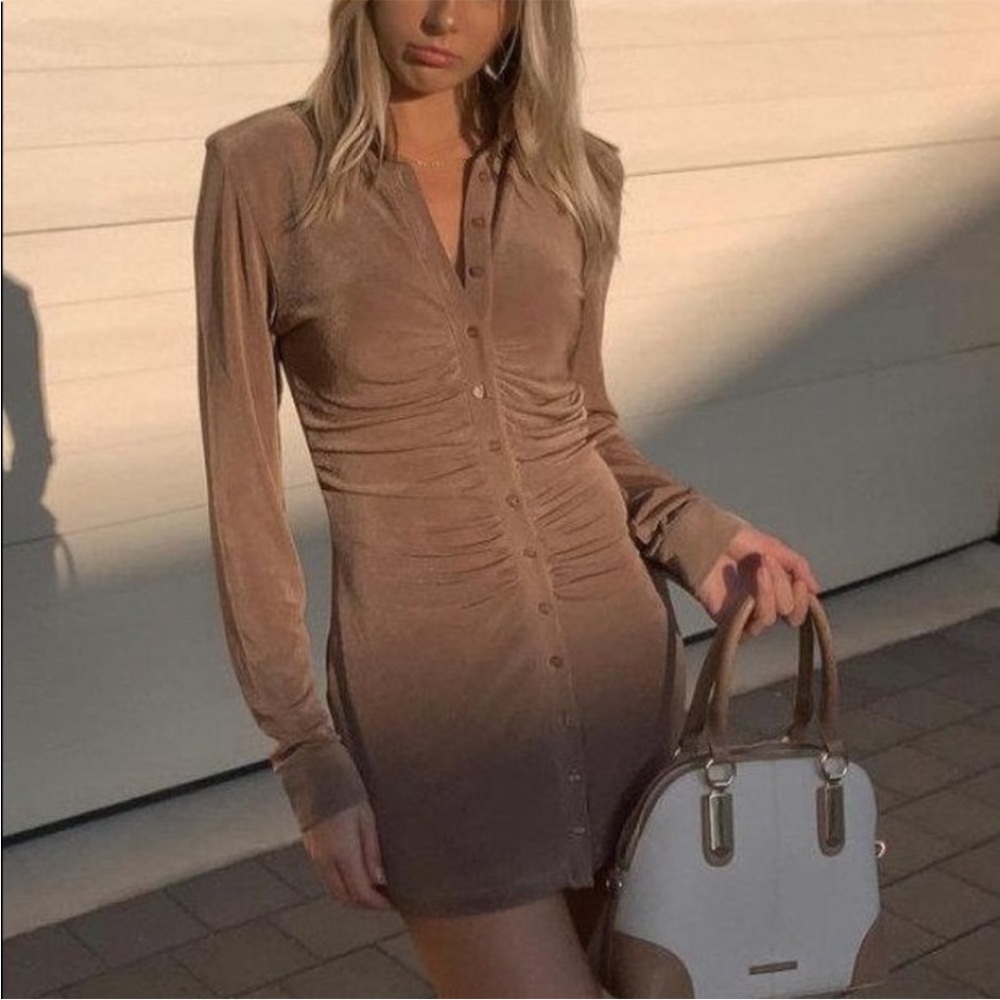 With Jean Andy Button Front Ruched Mini Dress